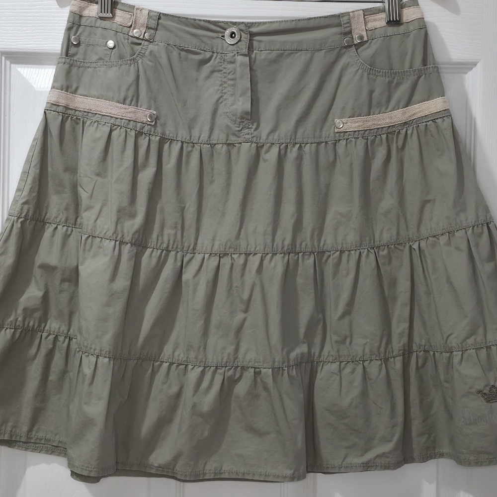 Y2K Vintage Khaki Green Tiered Cargo Skirt Size 38 100% Cotton